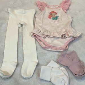 Adorable New 4 Piece Baby Set One Piece, Leggings and 2 Pairs of Socks 6-12M